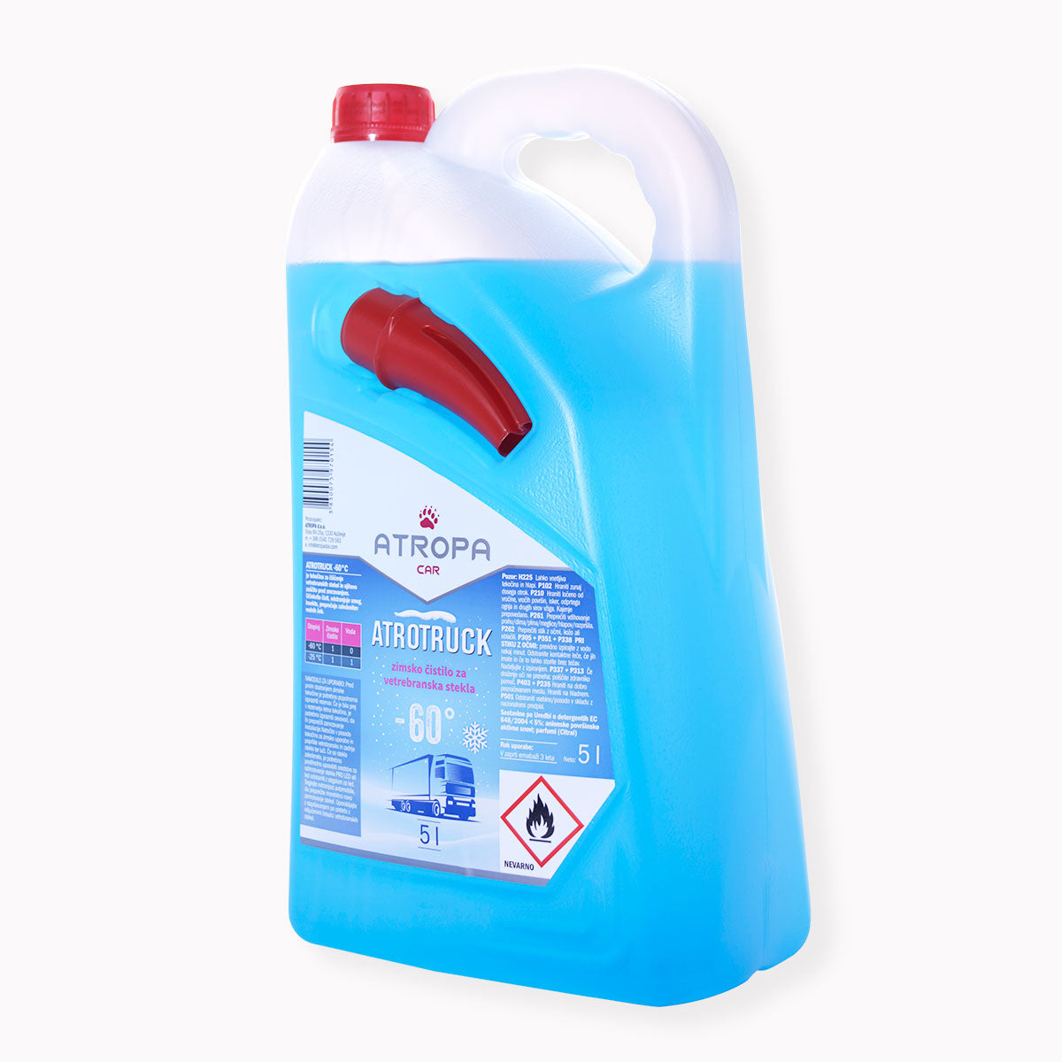 ATROTRUCK zimska tekočina za vetrobransko steklo 5l do -60 °C modre barve v praktični embalaži. Zimska tekočina za vetrobransko steklo je proizvedena v sloveniji.
